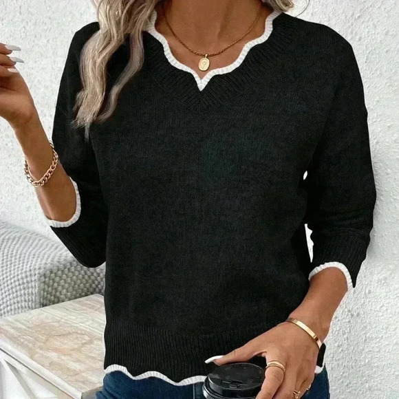 Black Casual Women's Color Block V-Neck Long Sleeve Loose Sweater - Picture 3 of 6